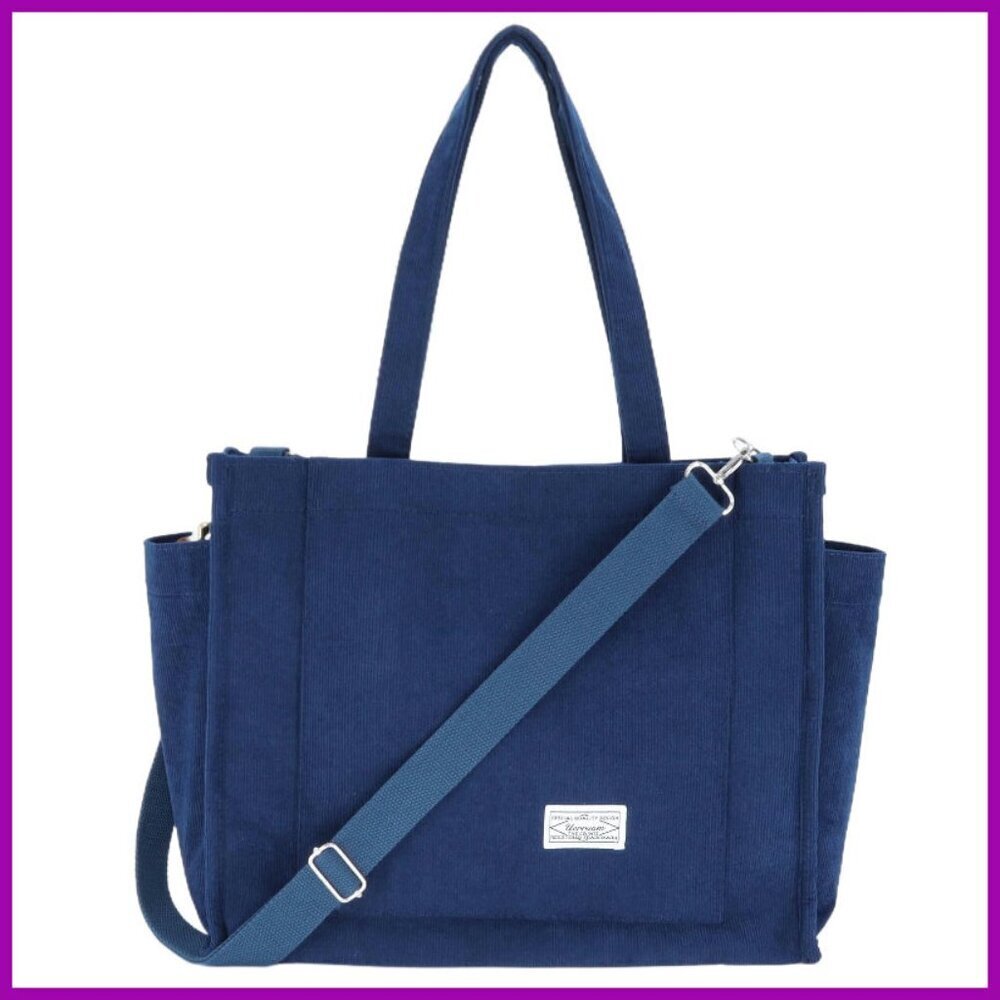 Large Corduroy Tote Bag with Hard Bottom, 9 Pockets, Crossbody Strap